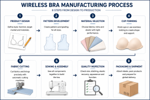 Wireless bra construction showing molded cups, wide underband, side support panels, and adjustable straps