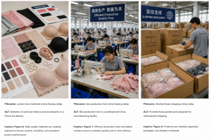 Selection of premium fabrics and accessories in a China bra factory.