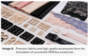 Professional selection of fabrics and accessories for OEM bra manufacturing.