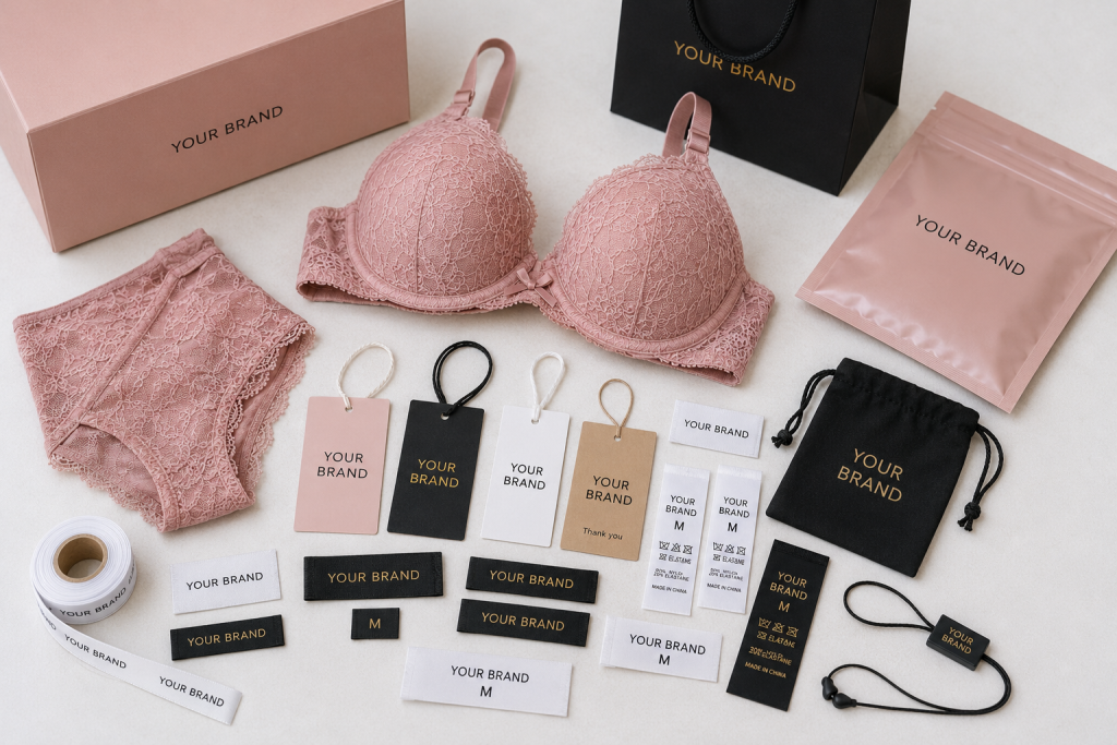 Private label bra manufacturing with custom logos, labels, and branded packaging.